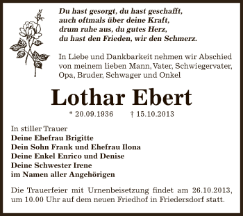 Traueranzeige von Lothar Ebert von WVG - Wochenspiegel Bitterfeld