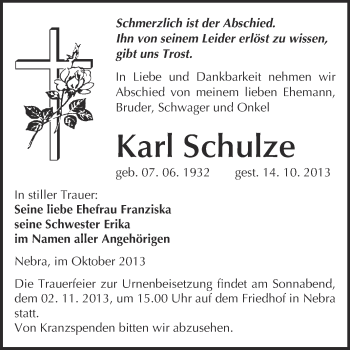 Traueranzeige von Karl Schulze von WVG - Wochenspiegel NMB / WSF / ZTZ