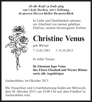 Traueranzeige von Christine Venus von WVG - Wochenspiegel Aschersleben