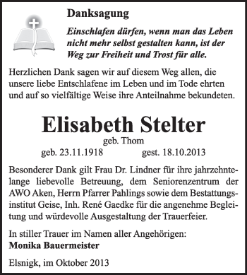 Traueranzeige von Elisabeth Stelter von Super Sonntag Dessau / Köthen
