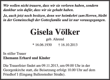 Traueranzeige von Gisela Völker von Super Sonntag Dessau / Köthen