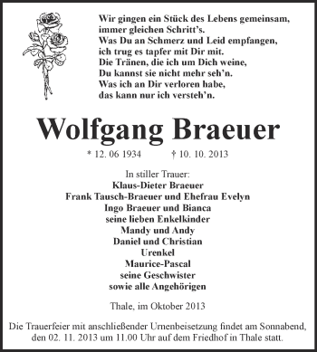 Traueranzeige von Wolfgang Braeuer von WVG - Wochenspiegel Quedlinburg
