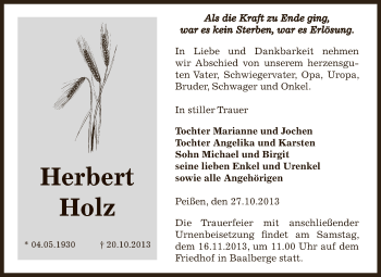 Traueranzeige von Herbert Holz von Super Sonntag Bernburg