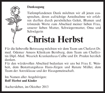 Traueranzeige von Christa Herbst von WVG - Wochenspiegel Aschersleben