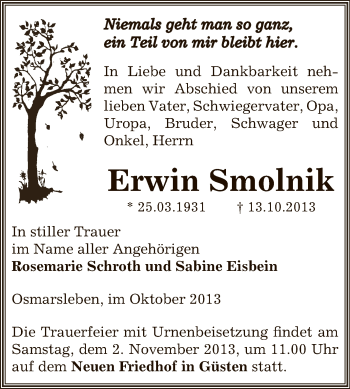 Traueranzeige von Erwin Smolnik von Super Sonntag Bernburg