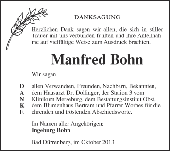 Traueranzeige von Manfred Bohn von Super Sonntag Merseburg