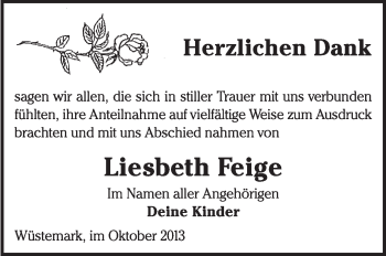 Traueranzeige von Liesbeth Feige von Super Sonntag Wittenberg