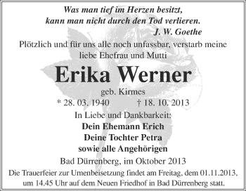 Traueranzeige von Erika Werner von Super Sonntag Merseburg