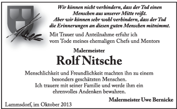 Traueranzeige von Rolf Nitsche von Super Sonntag Wittenberg