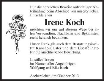 Traueranzeige von Irene Koch von Super Sonntag Aschersleben
