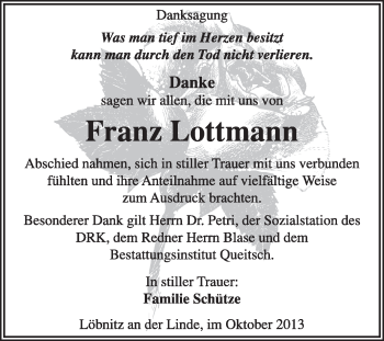 Traueranzeige von Franz Lottmann von Super Sonntag Dessau / Köthen