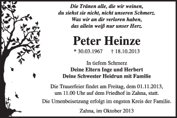 Traueranzeige von Peter Heinze von Super Sonntag Wittenberg