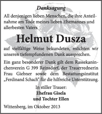 Traueranzeige von Helmut Dusza von WVG - Wochenspiegel Wittenberg