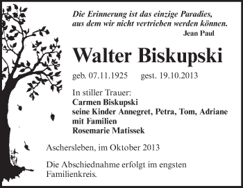 Traueranzeige von Walter Biskupski von Super Sonntag Aschersleben