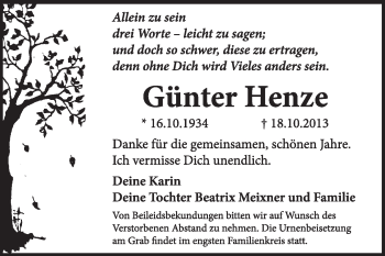 Traueranzeige von Günter Henze von Super Sonntag Dessau / Köthen