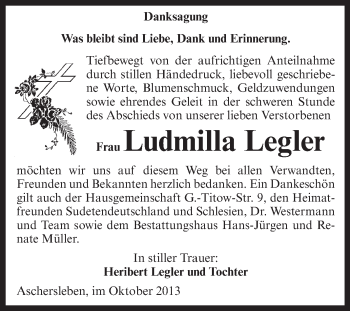 Traueranzeige von Ludmilla Legler von Super Sonntag Aschersleben