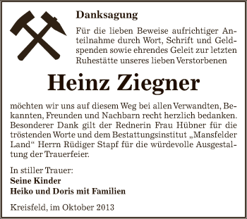 Traueranzeige von Heinz Ziegner von Super Sonntag SGH Mansf. Land