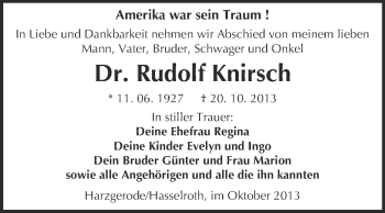 Traueranzeige von Rudolf Knirsch von Super Sonntag Quedlinburg
