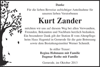 Traueranzeige von Kurt Zander von WVG - Wochenspiegel Quedlinburg