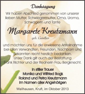 Traueranzeige von Margarete Kreutzmann von Super Sonntag SGH Mansf. Land