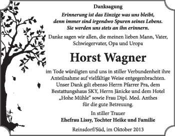 Traueranzeige von Horst Wagner von Super Sonntag Wittenberg