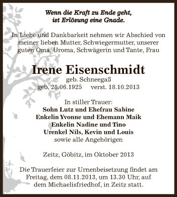 Traueranzeige von Irene Eisenschmidt von Super Sonntag Zeitz