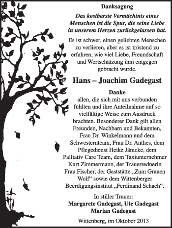 Traueranzeige von Hans-Joachim Gadegast von WVG - Wochenspiegel Wittenberg
