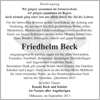 Traueranzeige von Friedhelm Beck von WVG - Wochenspiegel Merseburg