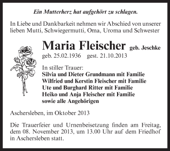 Traueranzeige von Maria Fleischer von Super Sonntag Aschersleben