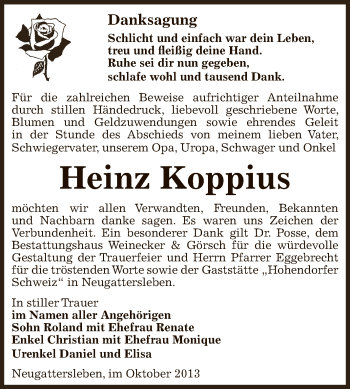 Traueranzeige von Heinz Koppius von Super Sonntag Bernburg