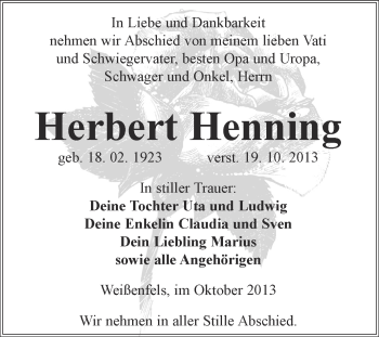 Traueranzeige von Herbert Henning von WVG - Wochenspiegel NMB / WSF / ZTZ