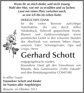 Traueranzeige von Gerhard Schott von WVG - Wochenspiegel NMB / WSF / ZTZ