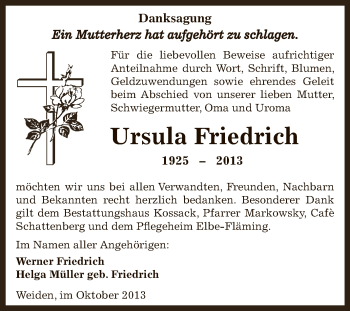 Traueranzeige von Ursula Friedrich von Wochenspiegel Mansfelder Land