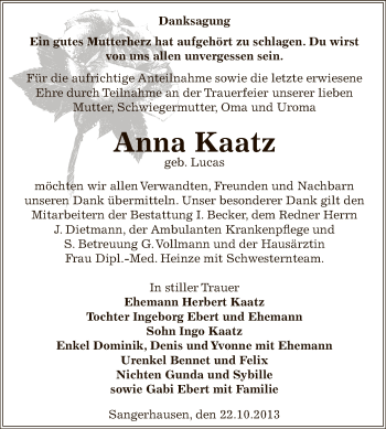 Traueranzeige von Anna Kaatz von Super Sonntag SGH Mansf. Land