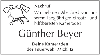 Traueranzeige von Günther Beyer von WVG - Wochenspiegel NMB / WSF / ZTZ