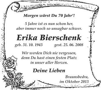 Traueranzeige von Erika Bierschenk von WVG - Wochenspiegel Merseburg