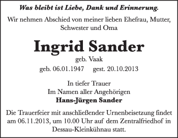 Traueranzeige von Ingrid Sander von Super Sonntag Dessau / Köthen