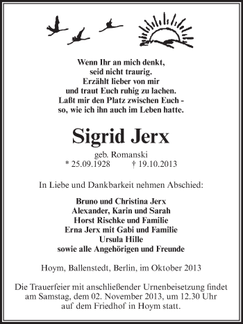 Traueranzeige von Sigrid Jerx von Super Sonntag Aschersleben