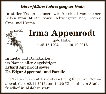 Traueranzeige von Irma Appenrodt von Super Sonntag Bernburg