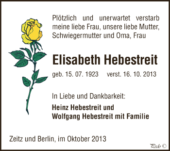 Traueranzeige von Elisabeth Hebestreit von Super Sonntag Zeitz