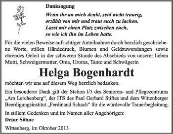 Traueranzeige von Helga Bogenhardt von WVG - Wochenspiegel Wittenberg