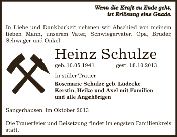 Traueranzeige von Heinz Schulze von Super Sonntag SGH Mansf. Land