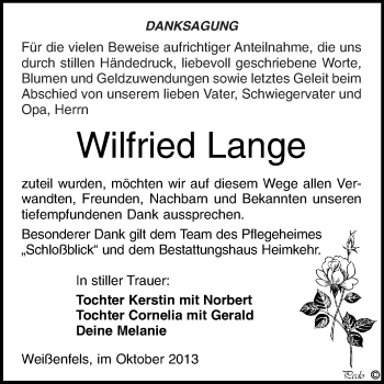 Traueranzeige von Wilfried Lange von WVG - Wochenspiegel NMB / WSF / ZTZ