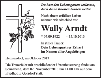 Traueranzeige von Wally Arndt von WVG - Wochenspiegel Wittenberg