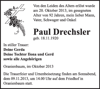 Traueranzeige von Paul Drechsler von WVG - Wochenspiegel Wittenberg