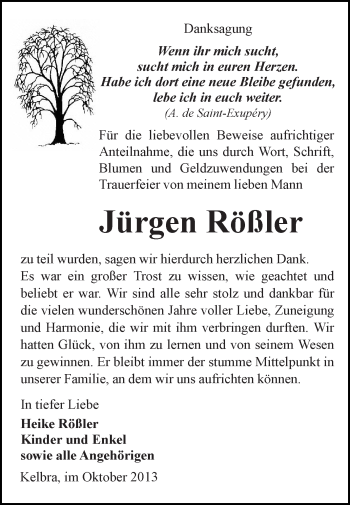 Traueranzeige von Jürgen Rößler von Super Sonntag SGH Mansf. Land