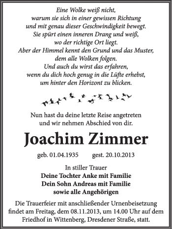 Traueranzeige von Joachim Zimmer von WVG - Wochenspiegel Wittenberg