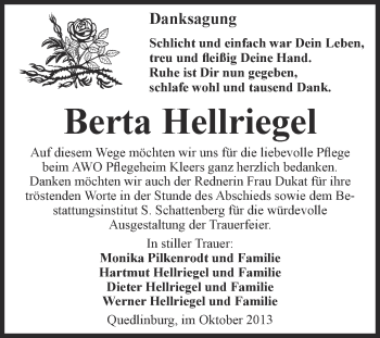 Traueranzeige von Berta Hellriegel von WVG - Wochenspiegel Quedlinburg