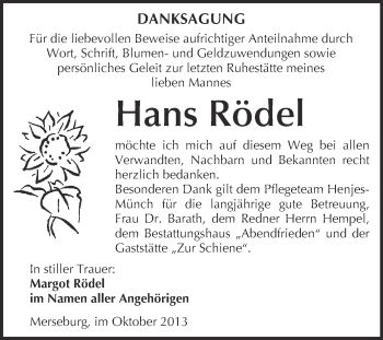 Traueranzeige von Hans Rödel von WVG - Wochenspiegel Merseburg