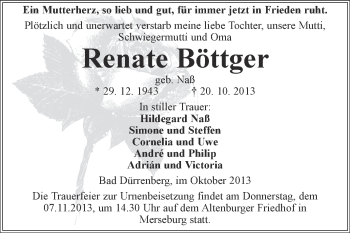 Traueranzeige von Renate Böttger von Super Sonntag Merseburg